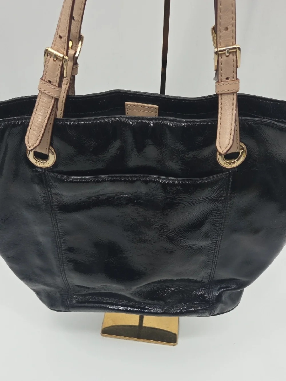 Michael Kors Black Patent Tote with Tan Straps and Gold MK Charm